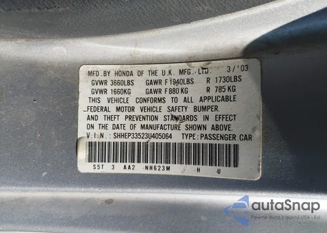 2003 Honda Civic Si z USA, uszkodzony, nr VIN SHHEP33523U405064